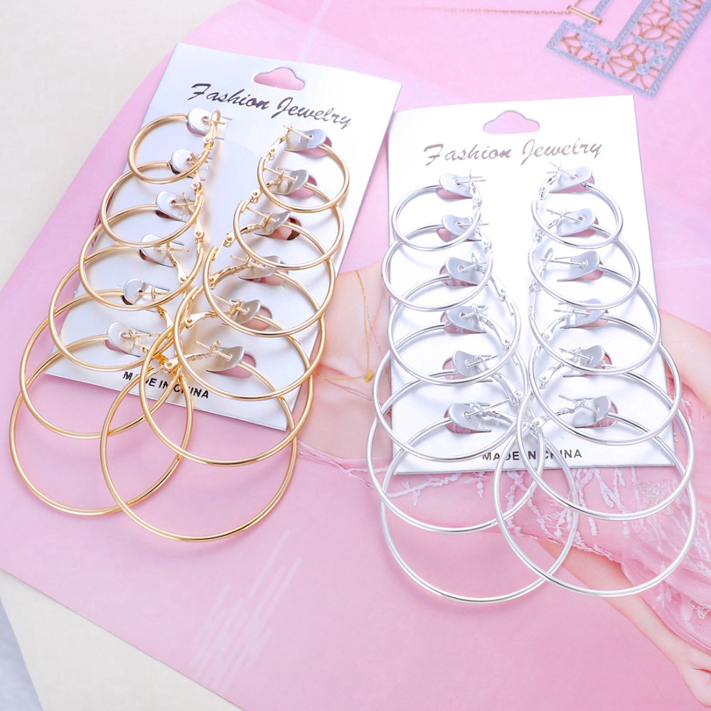 6 Pasang / set Anting Tusuk Bentuk Lingkaran Warna Silver / Gold Gaya punk Vintage Untuk Wanita