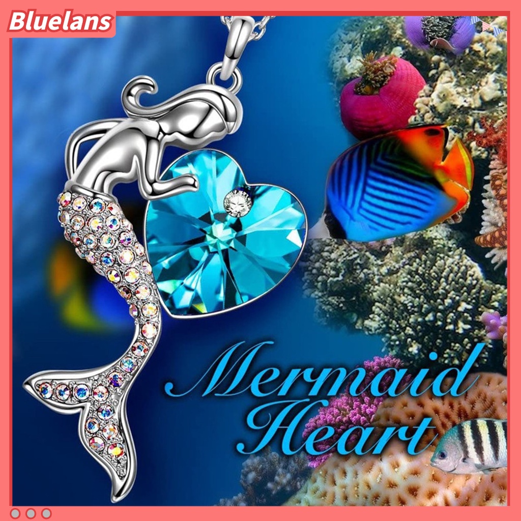 Kalung Klavikula Desain Hati Mermaid Aksen Kristal Tiruan Gaya Elegan Untuk Wanita