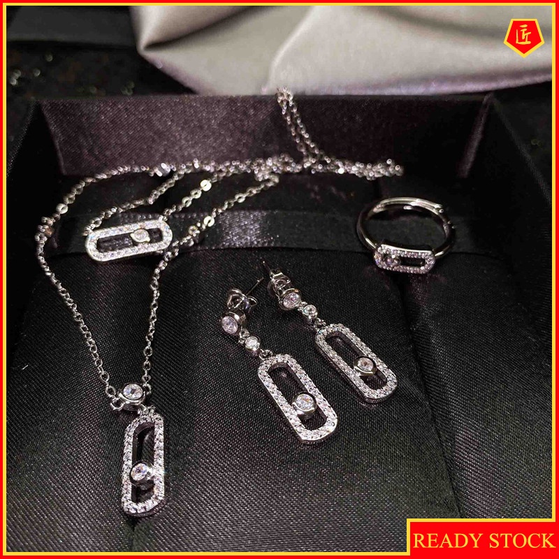 [Ready Stock]Full-Jeweled Stud Earrings New Fashion Pin Necklace Set