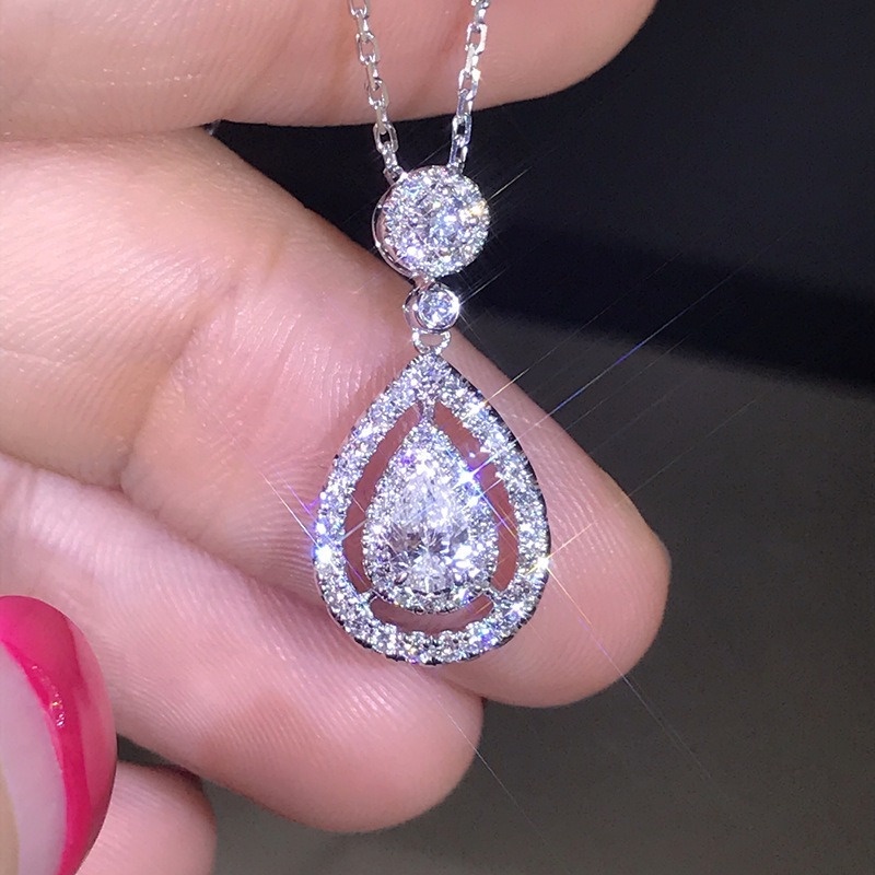 [Ready Stock]Fashion Inlaid Diamond Necklace 18K Gold Drop Pear-Shaped Pendant