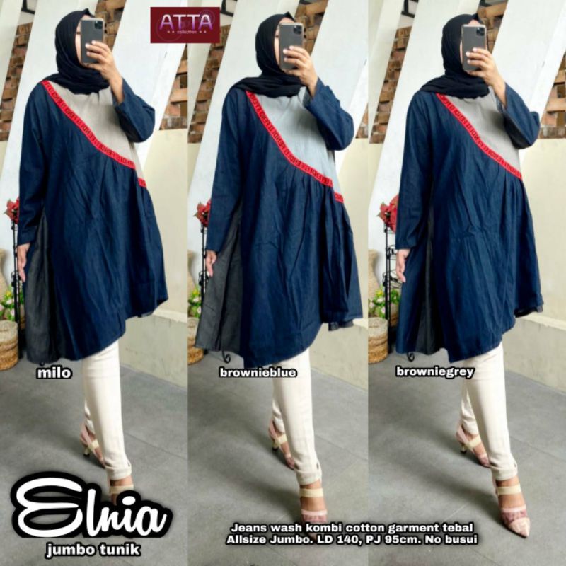 BAJU ATASAN WANITA JUMBO BIG SIZE JEANS WASH LD 140// ELNIA JUMBO TUNIK BY ATTA FASHION HQ/TUNIK JEA