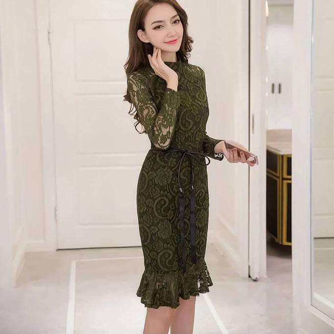 Diskon Midi Dress Scuba Kombinasi Brukat Hijau Army Zipper - Multicolor, S Terbaru