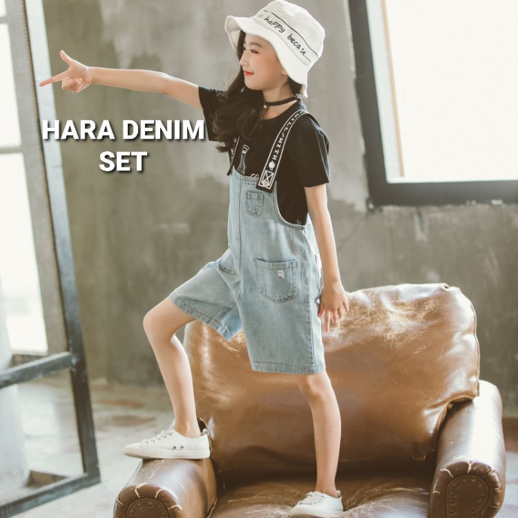 HARA SET DENIM / BAJU SETELAN JUMPSUIT ANAK PEREMPUAN KOREA / SET CELANA KODOK ANAK / CELANA MONTIR