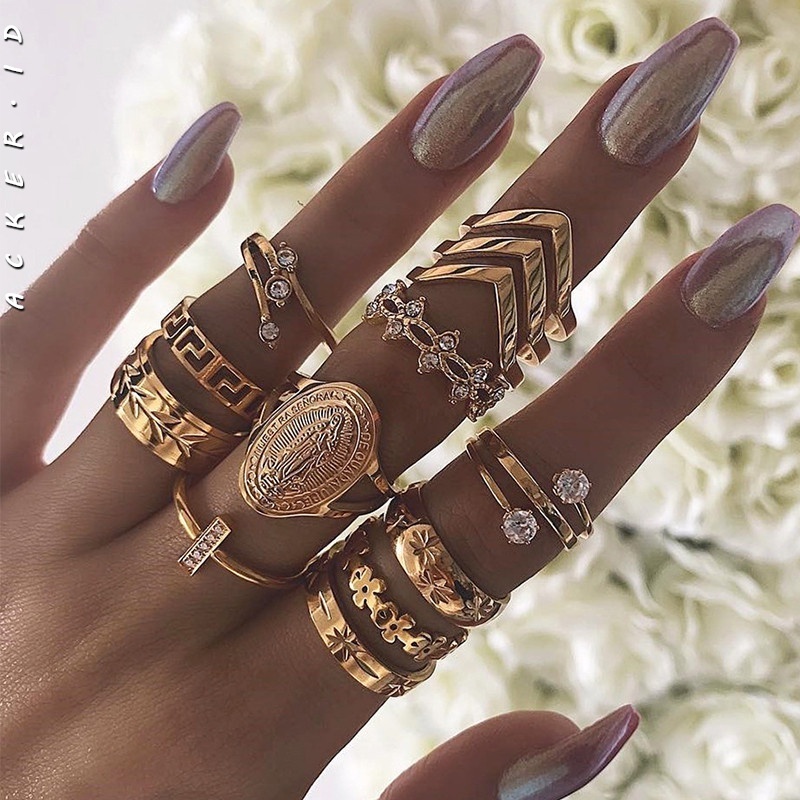 13pcs / Set Cincin Knuckle Bahan Alloy Hias Berlian Warna Emas Untuk Wanita