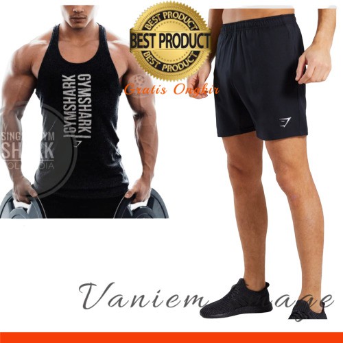 STELAN SINGLET & CELANA SPORT GYMSHARK PRIA TERLARIS