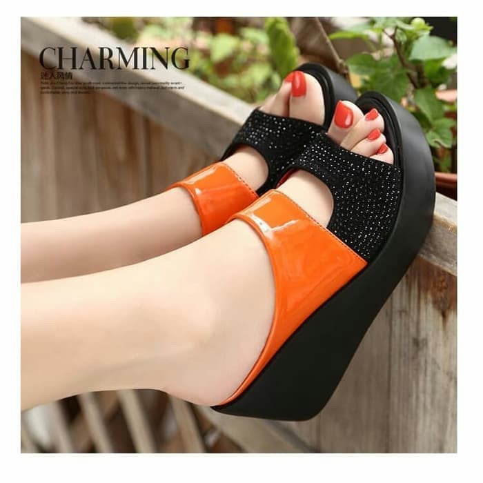 Sepatu Wedges Wanita Wedge Bahan Semi Import Trendy Fashion Casua DJ788 Wedges Mute Jn25 - Hitam, 36