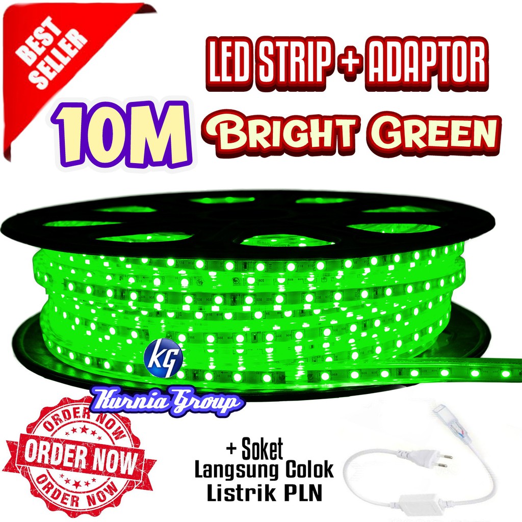 LED STRIP HIJAU 10m + ADAPTOR SIAP PAKAI LAMPU SELANG IJO SMD 5050 INDOR OUTDOR LISTRIK TERMURAH