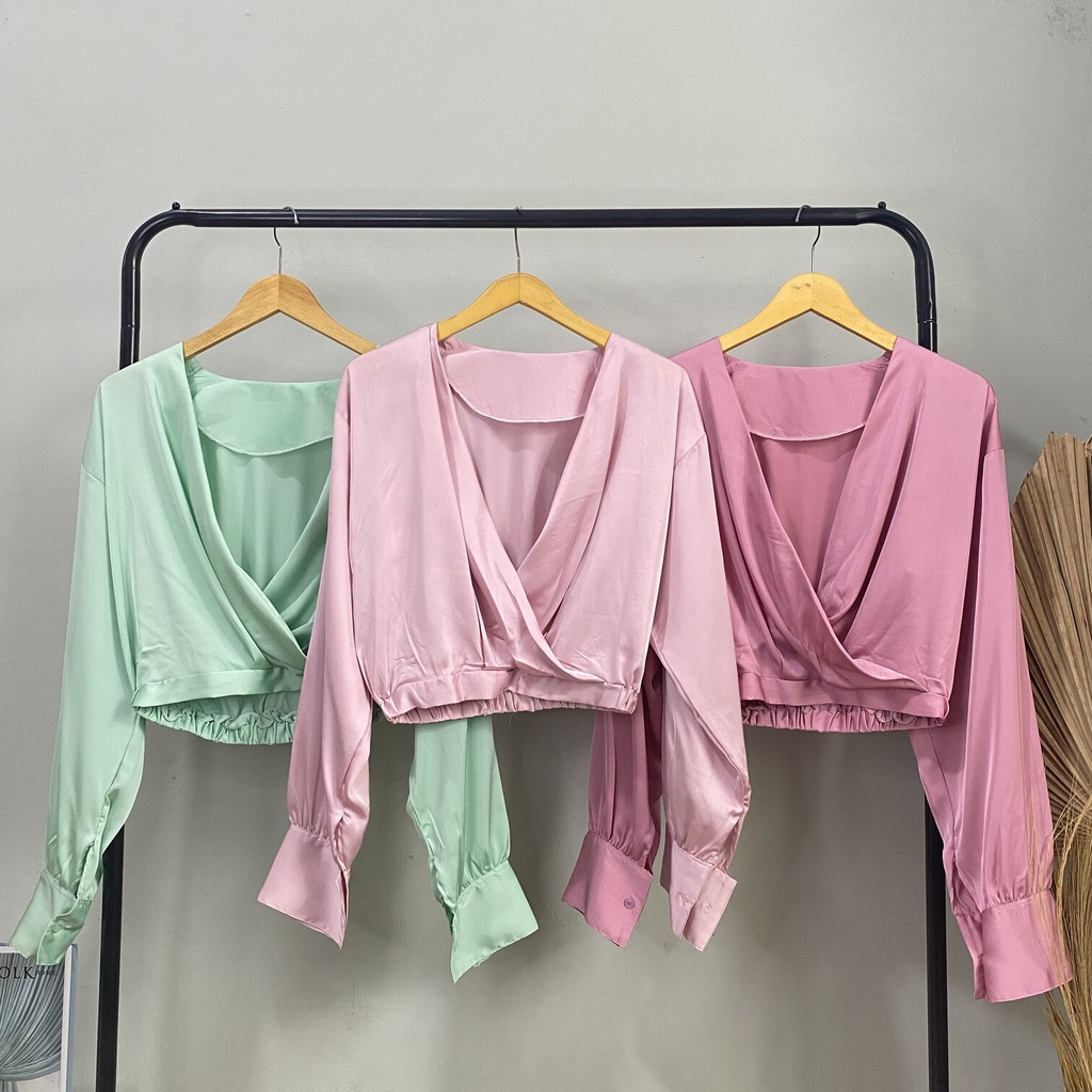 VEVE BLOUSE KEMEJA CROP SILK SATIN DAILY OFFICE SHIRT PREMIUM B509