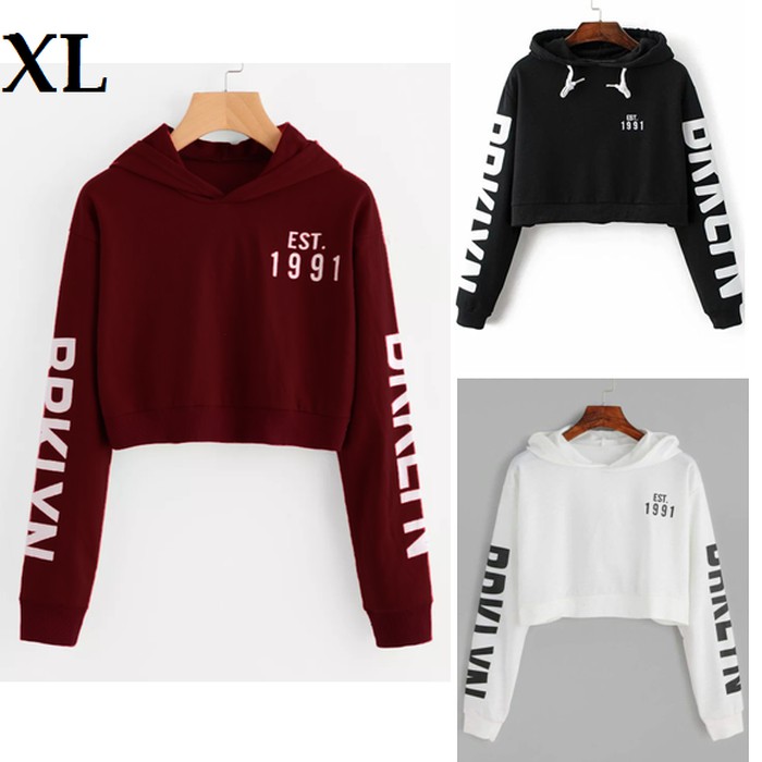 fashion murah Sweater Jumbo Crop Hoodie Wanita Brooklyn EST 1991 XL - Hitam
