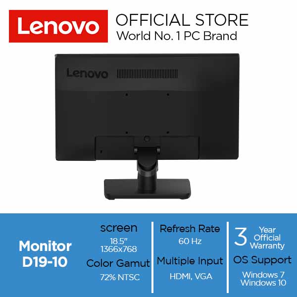 Lenovo D19-10 18.5&quot; LED Monitor FLAT HD 60HZ VGA HDMI GARANSI RESMI 18.5 inch