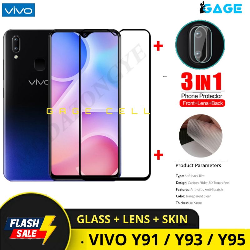 PROMO 3IN1 TEMPERED GLASS LAYAR KAMERA SKIN CARBON VIVO Y91 Y93 Y95 TG ANTI GORES FULL SCREEN GUARD