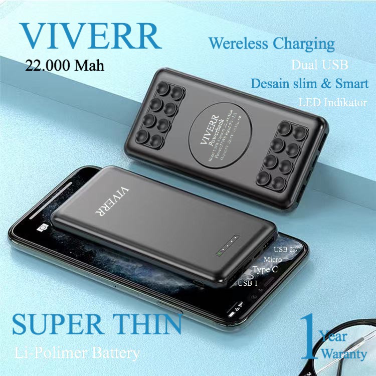 VIVERR WERELESS CHARGING  Powerbank Viverr 22.000 Mah Dual Usb With Wereless Charging garansi 1 tahu