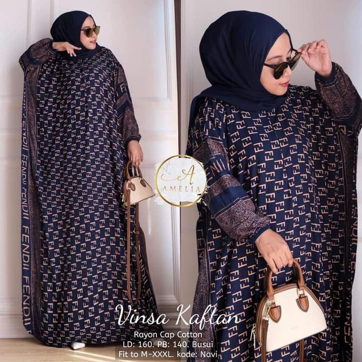 Kaftan Wanita Jumbo XXXXL- Vinsa Kaftan Motif Branded FF Lengan Panjang Busui Resleting Gamis Rayon Jumbo Kaftan Terbaru