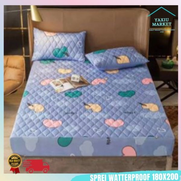 Sprei Waterproof / Sprei Protector bermotif / Sprei anti air ukuran 180x200CM SPREI WATERPROOF-LOVE BIRU