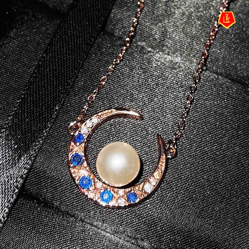 [Ready Stock]Niche Necklace Creative Moon Pearl Necklace and Earring Suit