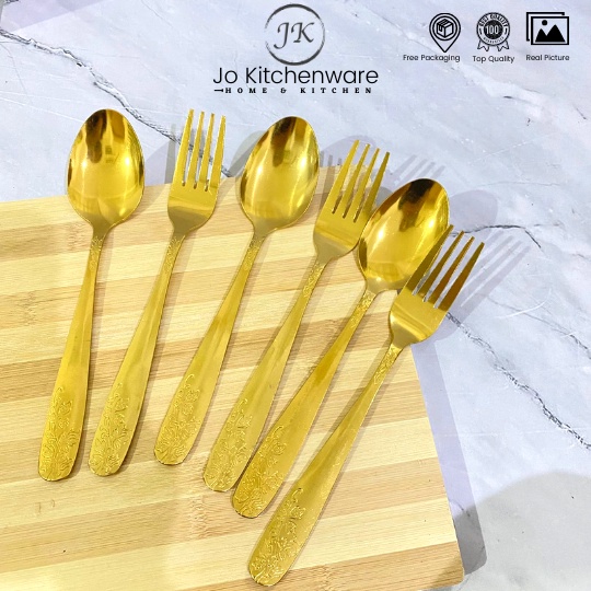 Sendok Garpu Makan Stainless Warna Gold set 6 pcs tebal Premium