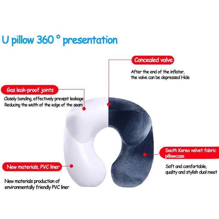 Bantal Leher U-Shape Inflatable Travel Neck Pillow - Dark Blue