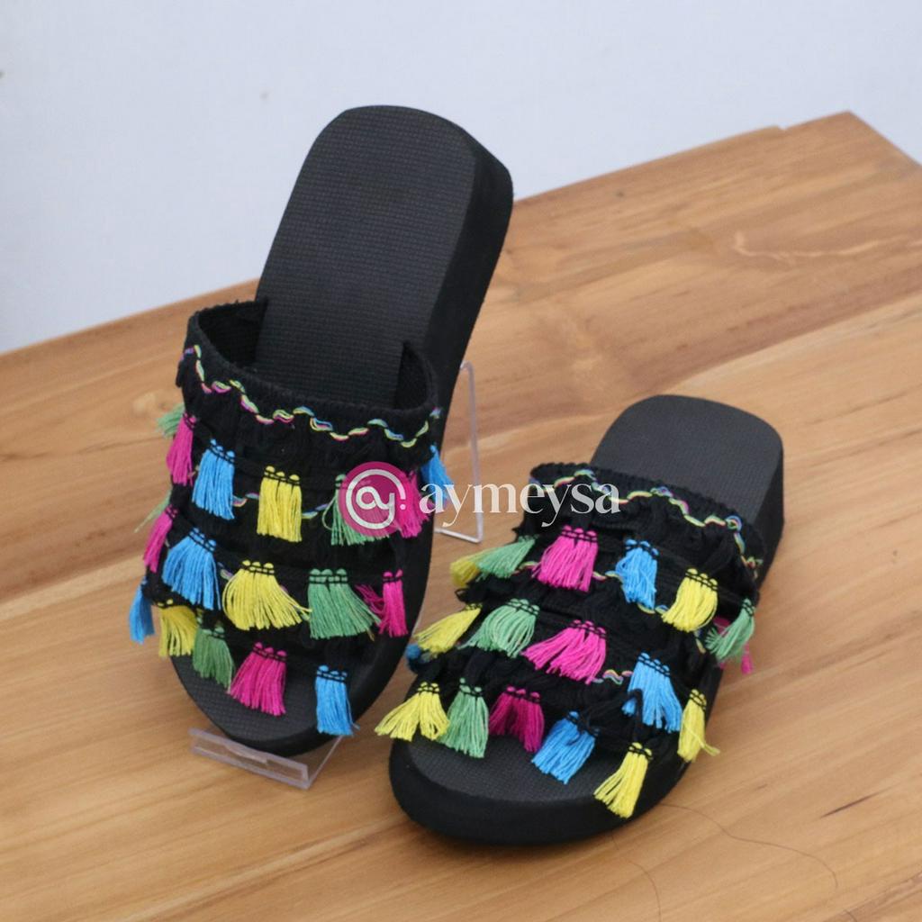 AYYANA Sandal Wedges Selop Wanita Rumbai Etnik Bali Model Bohemian