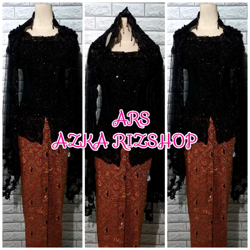 set kebaya pesta hitam kebaya modern + longtorso + rok + slendang mutiara hitam