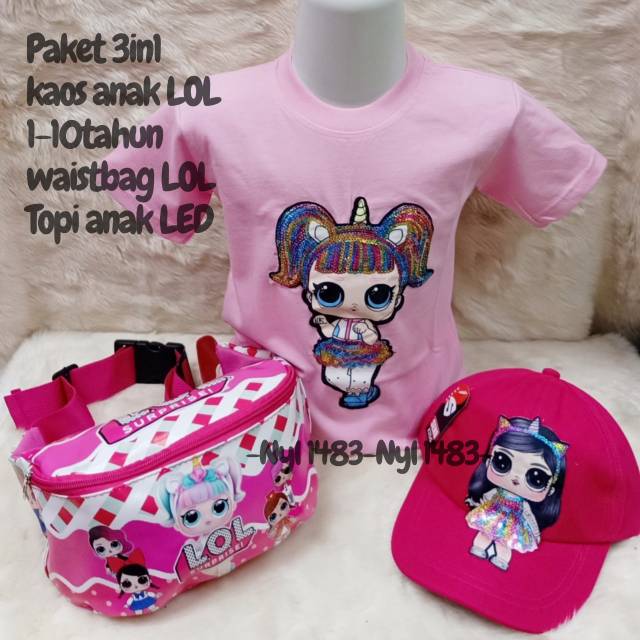 Baju anak lol led gratis topi led dan tas waisbag