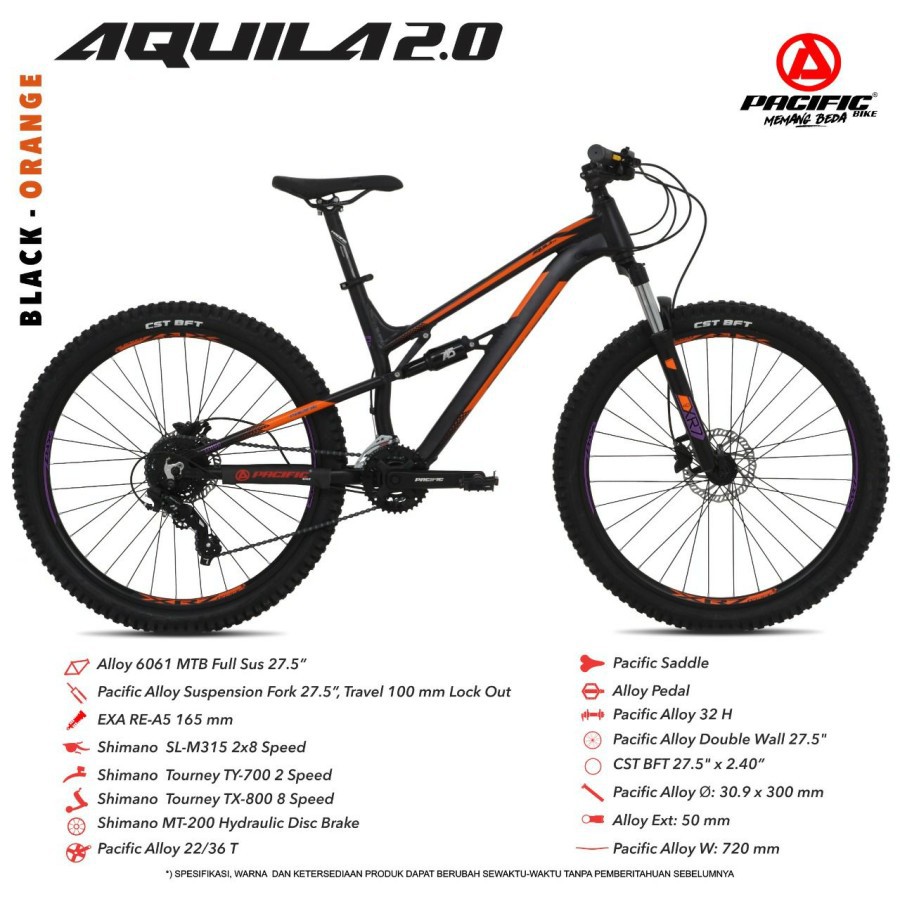 SEPEDA GUNUNG PACIFIC AQUILA 2.0 27,5 2X8 SPEED MTB FRAME ALLOY FREE LAMP LED &amp; BOTTLE CAGE