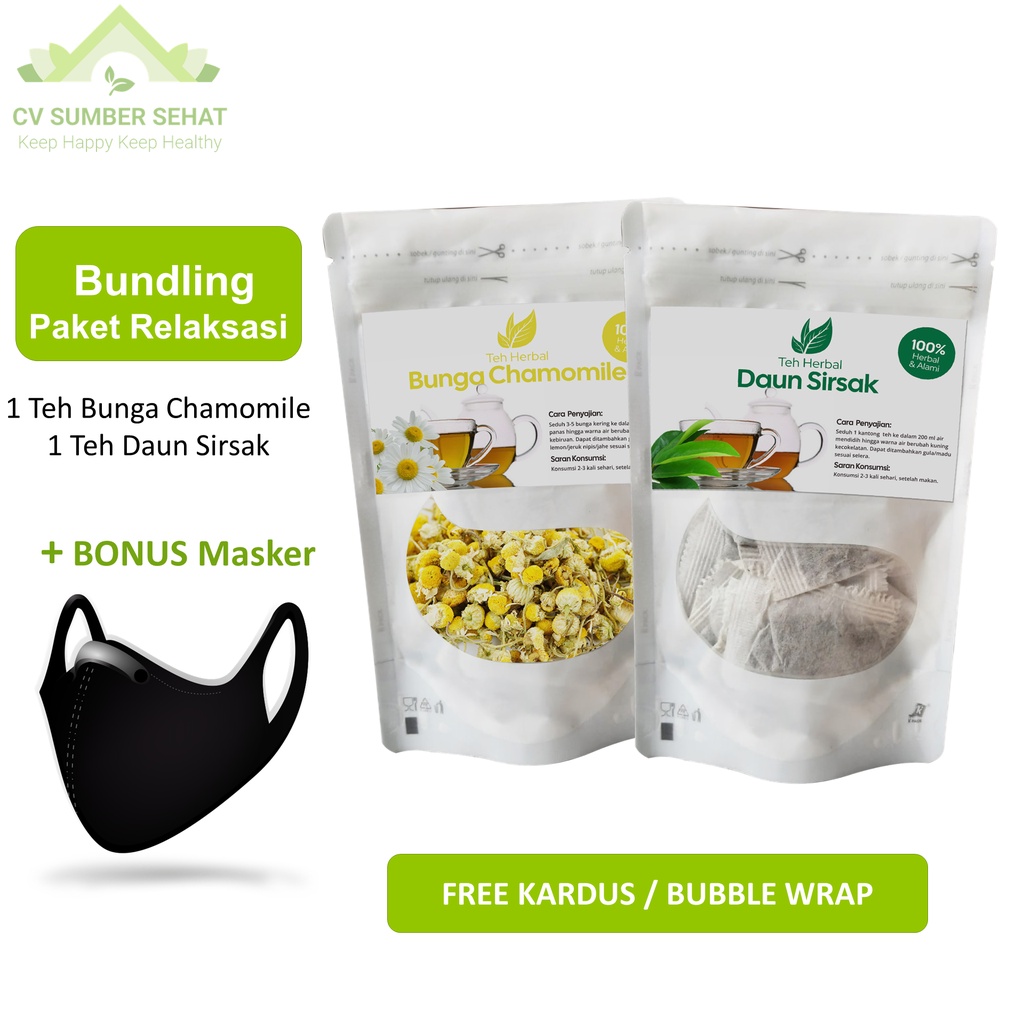 

PAKET BUNDLING TEH RELAKSASI KESEHATAN (TEH BUNGA CHAMOMILE + TEH DAUN SIRSAK) FREE MASKER