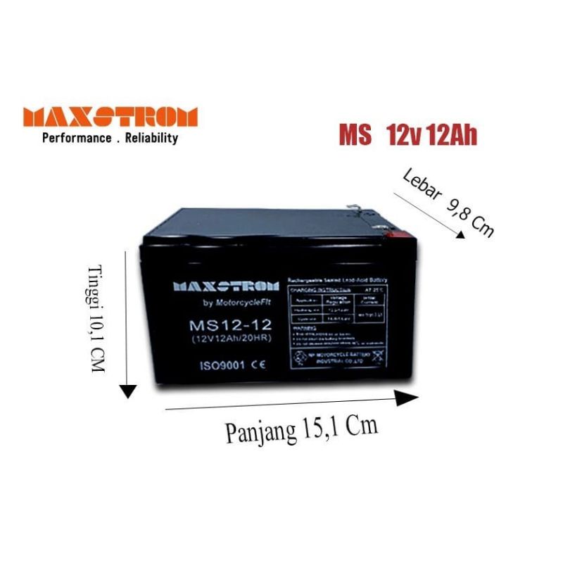 aki kering VRLA 12V 12AH / aki kering sepeda listrik 12V 12ah / aki kering VRLA MAXSTROM 12V 12AH