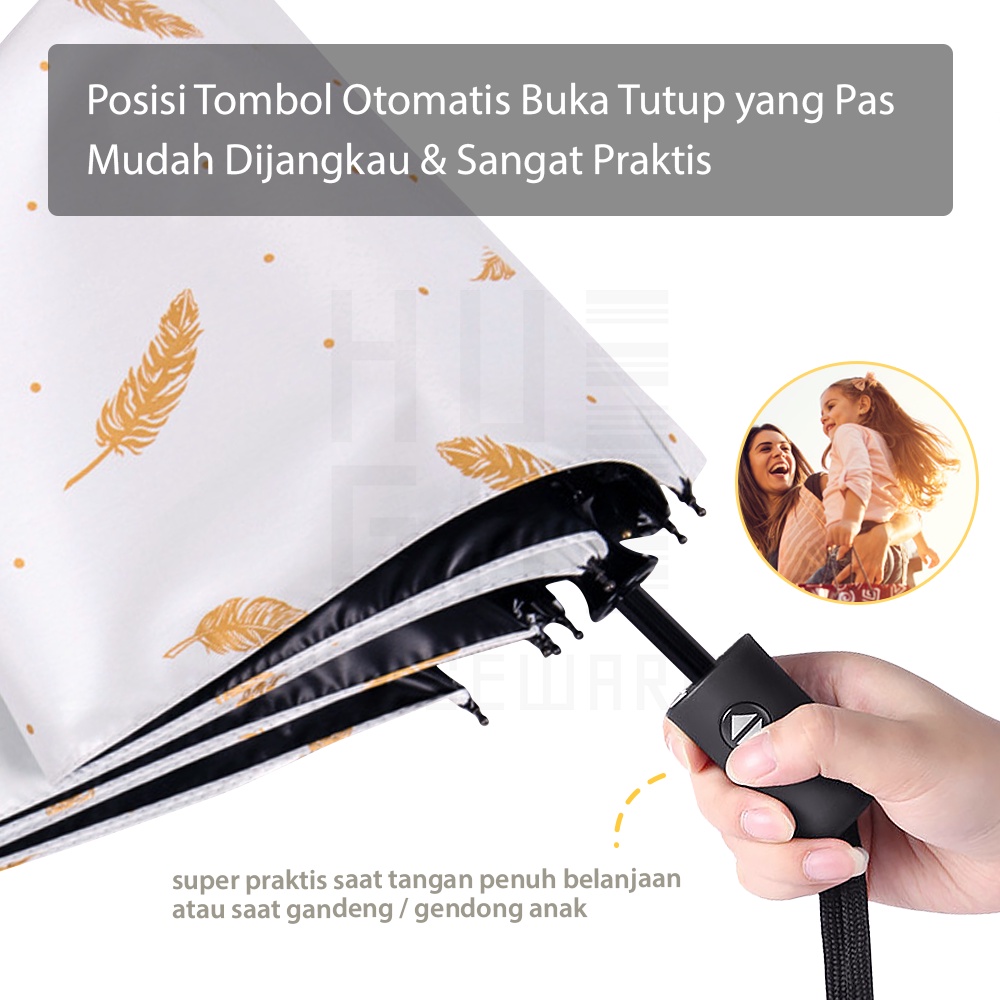 HUGO Payung Lipat Otomatis Buka Tutup Anti UV Protection Motif Feather Premium Quality