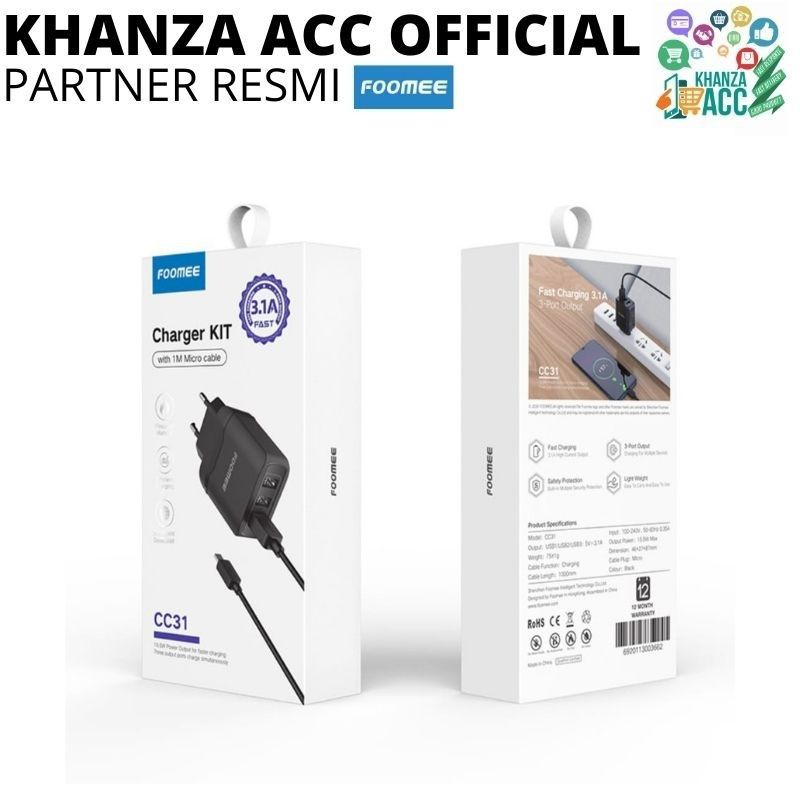 KHANZAACC Foomee CC31 Charger 3 USB Port + Micro Cable Set