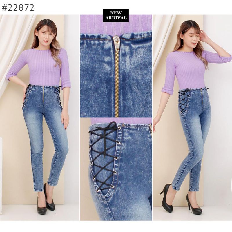 Celana Jeans Wanita/Perempuan/Cewek High Waist KOREAN STILE Tali Silang Samping Pensil/Skinny