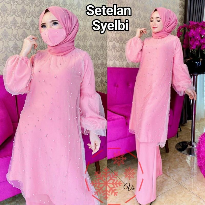 SET CELANA SYELBI MUTIARA, MOSCREPE TILE, GAMIS HIJAB MUSLIM, SETELAN, 3 UKURAN