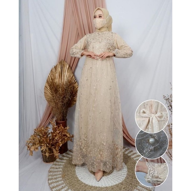 Gamis rempel tulle mutiara import//gamis brokat//gamis pesta