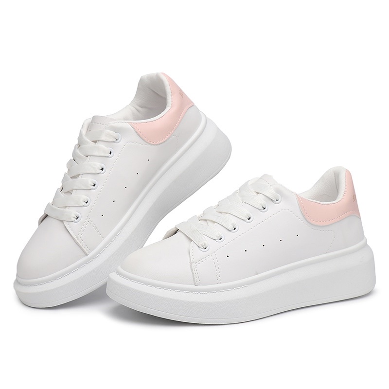 SEVEN_DAY SEPATU SNEAKERS WANITA KOREA IMPORT TALI CASUAL SHOES PUTIH H-110-pink