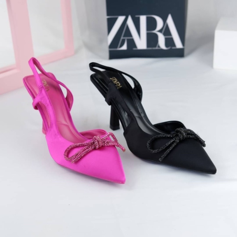 Sepatu Hak Tinggi Wanita ZR Slingback Ribbon High Heels 8cm Premium Import Hitam Black Pink Fuchsia 