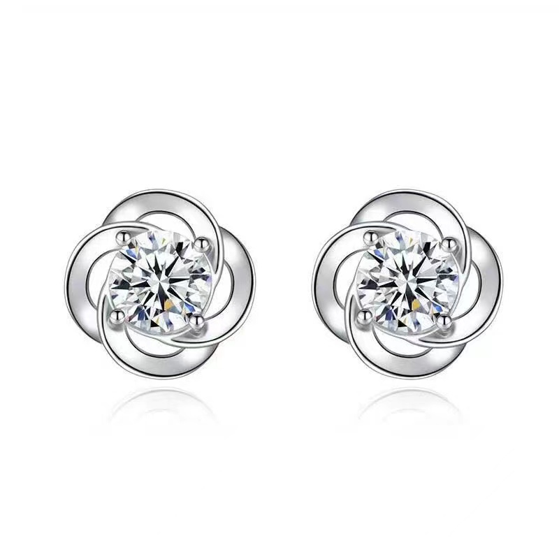 (Hello Girl)E32 Anting Bunga Silver Diamond Fashion Wanita Stud Earrings Import-2