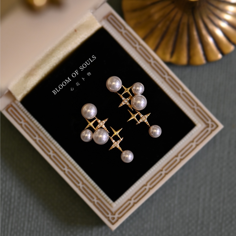 Berlian Berkilau Anting Mutiara Bintang Berujung Empat Aksesoris Telinga Korea Wanita