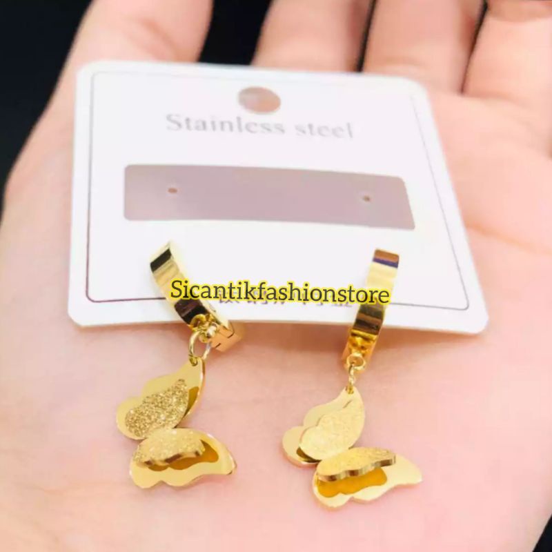 Anting Titanium Tusuk Model Kupu-kupu Rose Gold Fashion Wanita Terlaris Anti Karat Anting Wanita