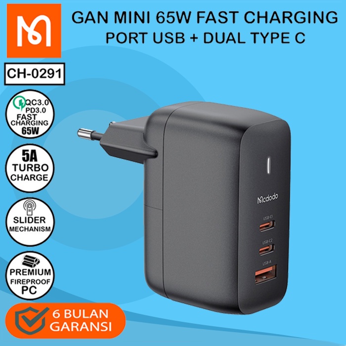MCDODO CH-029 Kepala Adaptor Charger Dual Type C + USB GAN 3.0 Adapter Fast Charging 65W iPhone 13 Pro Max Samsung