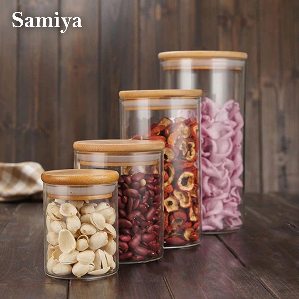 glass storage jar with bamboo lid / toples makanan kaca tutup bambu serbaguna organizer food kitchen