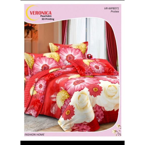 sprei microtex motif bunga merah pink