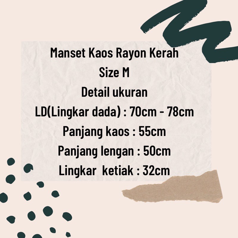 Manset Kaos Rayon Kerah untuk Remaja Size M LD 70cm