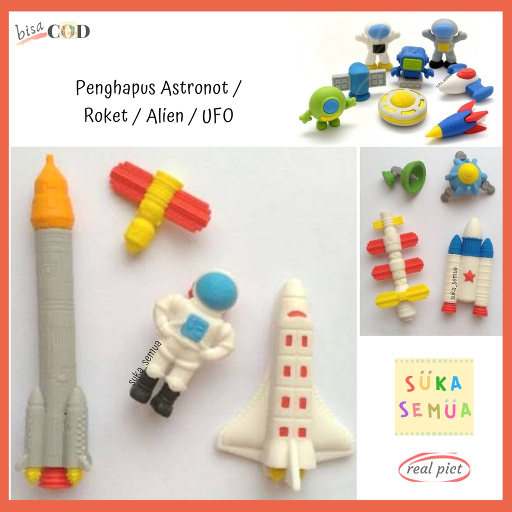

Penghapus 3D - Astronot Roket Alien UFO / Astronout Rocket Satelit Rubber Eraser Setip Stip Hapusan Papan Ruang Luar Angkasa Astronomi Planet Bulan - Pulpen Pena Bolpen - dekor kue ulang tahun hadiah kado fancy anak laki boy alat tulis sekolah unik lucu