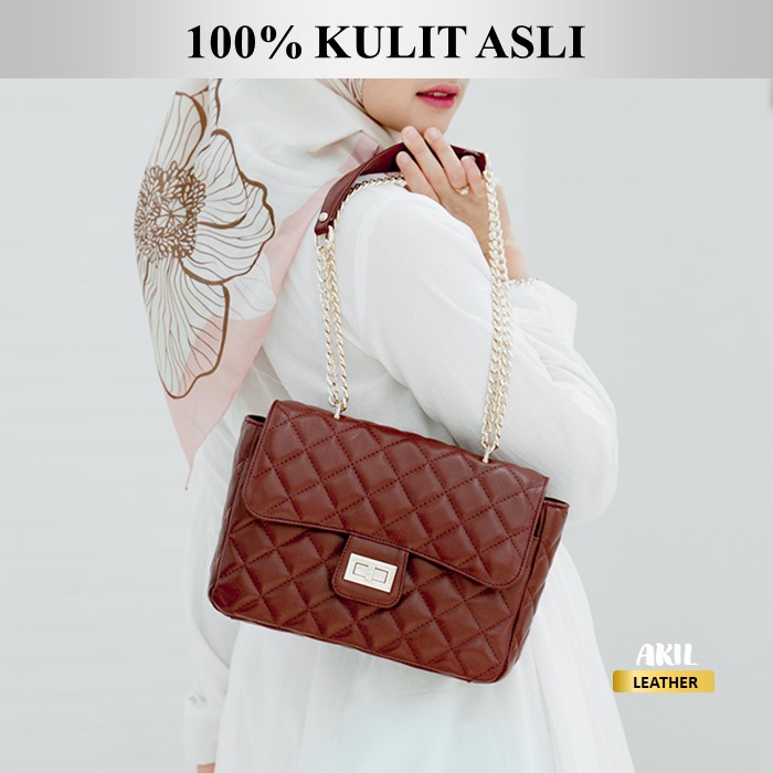 Tas Wanita Branded Model Selempang Slempang Bahu Bahan 100% Kulit Sapi Asli Original Alona Lumee Leather Sling Bag