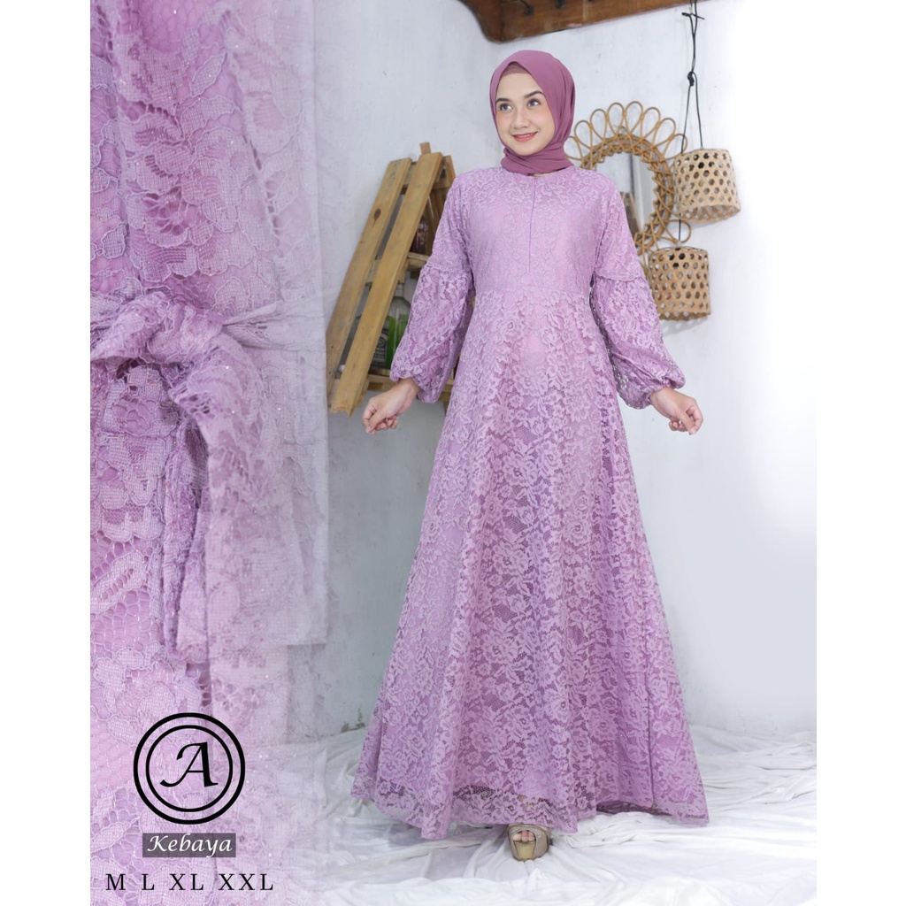 Kadai.baju / Gamis brukat jumbo  / Gamis brukat tangan balon / Gamis tulle bordir Size M L XL XXL