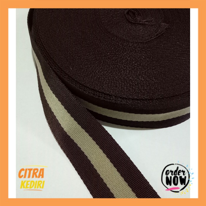 Tali Webbing/ Tali Tas  Garis Coklat Cream 3,8cm -tas kerajinan tangan aksesoris souvenir ( permeter)