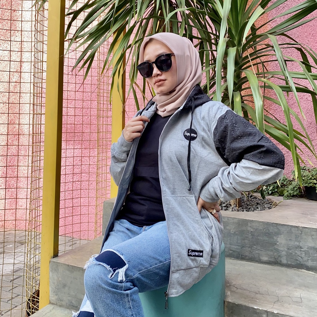 Jaket Sweater Zipper Bordir Kombinasi Qwilting GREYSUPRE-M