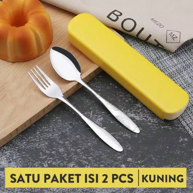 (NCS) Sendok Garpu Kotak Stainless Steel Travel dengan Kotak Biru Hijau Kuning Pink 3 in 1 set isi 3 pcs