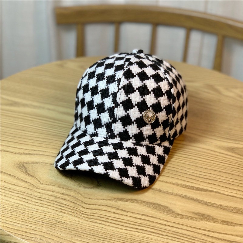 Topi Baseball Motif Kotak-Kotak Hitam Putih Aksen Berlian Imitasi Gaya Kasual Untuk Wanita-Hitam Hitam