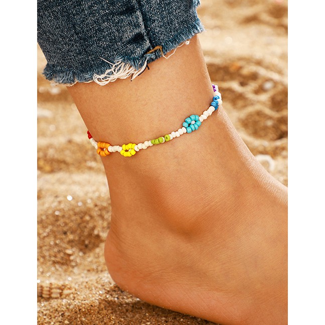 LRC Gelang Kaki Fashion Color Rice Beads Flower Anklet D20890