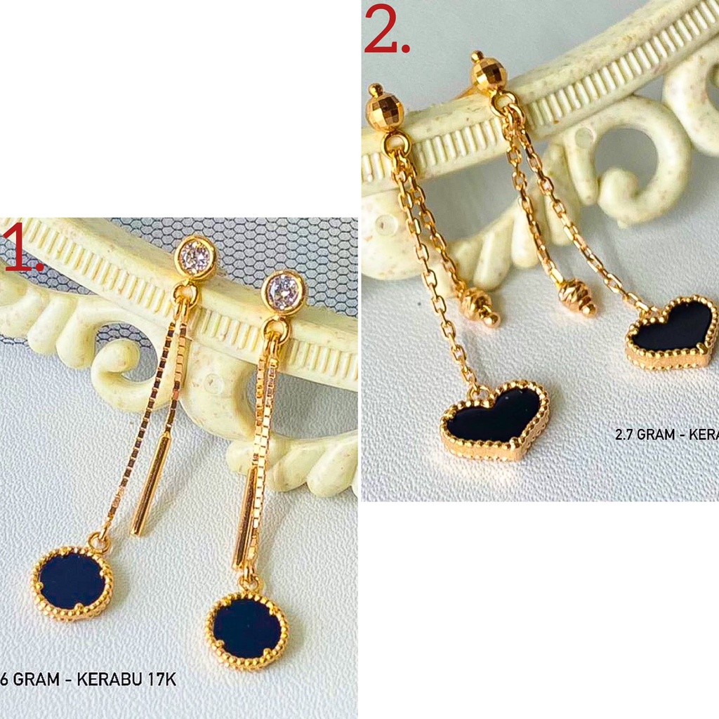 Anting anak dan dewasa emas asli black gold kadar 750 75% 17k rosegold love hati holo hollow panjang hitam paku stud